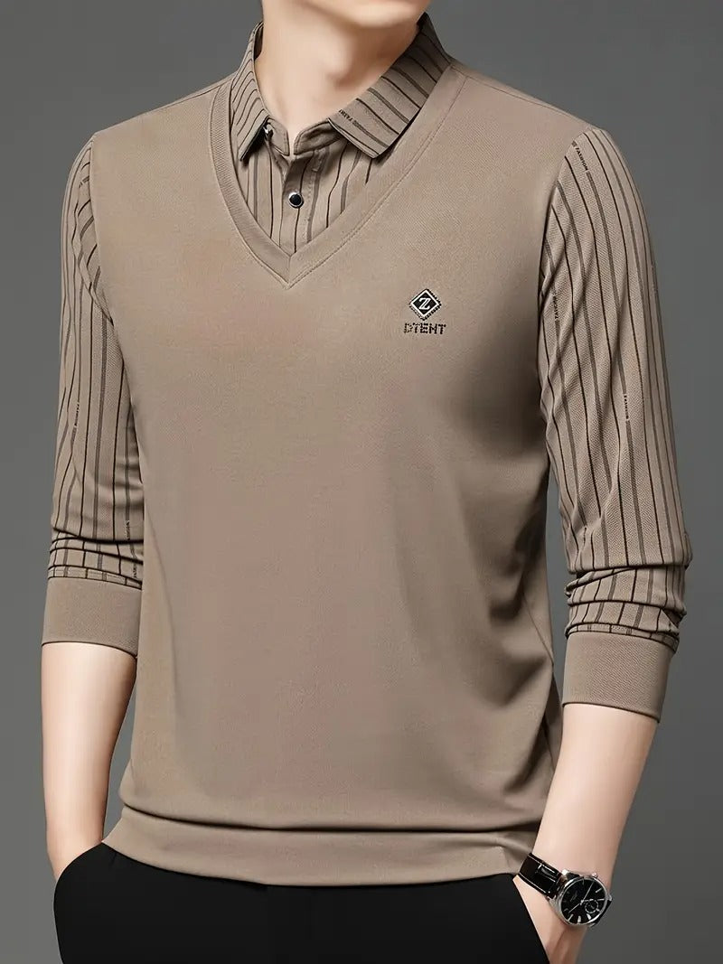 Men’s Premium V-Neck Layered Shirt | Striped Sleeves & Inner Collar Design | Casual & Office Wear