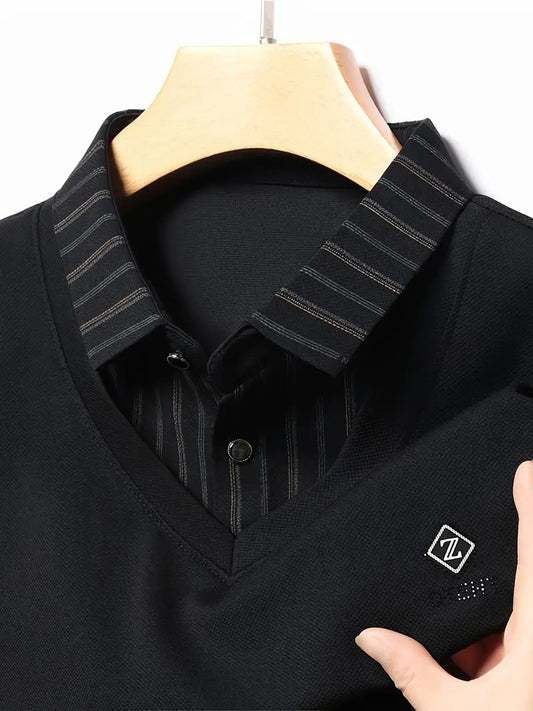 Men’s Premium Black V-Neck Layered Shirt | Striped Sleeve Design | Smart Casual & Office Wear