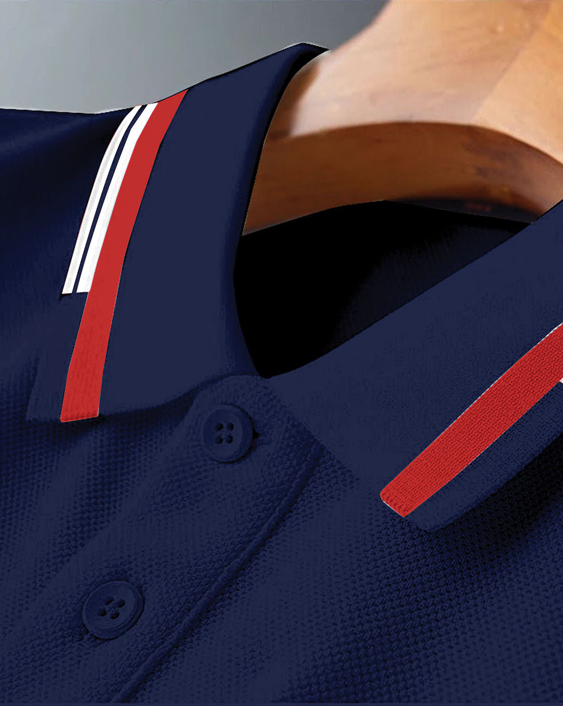 Men’s Navy Blue Polo T-Shirt with Red & White Contrast Stripes – Classic Cotton Casual Wear