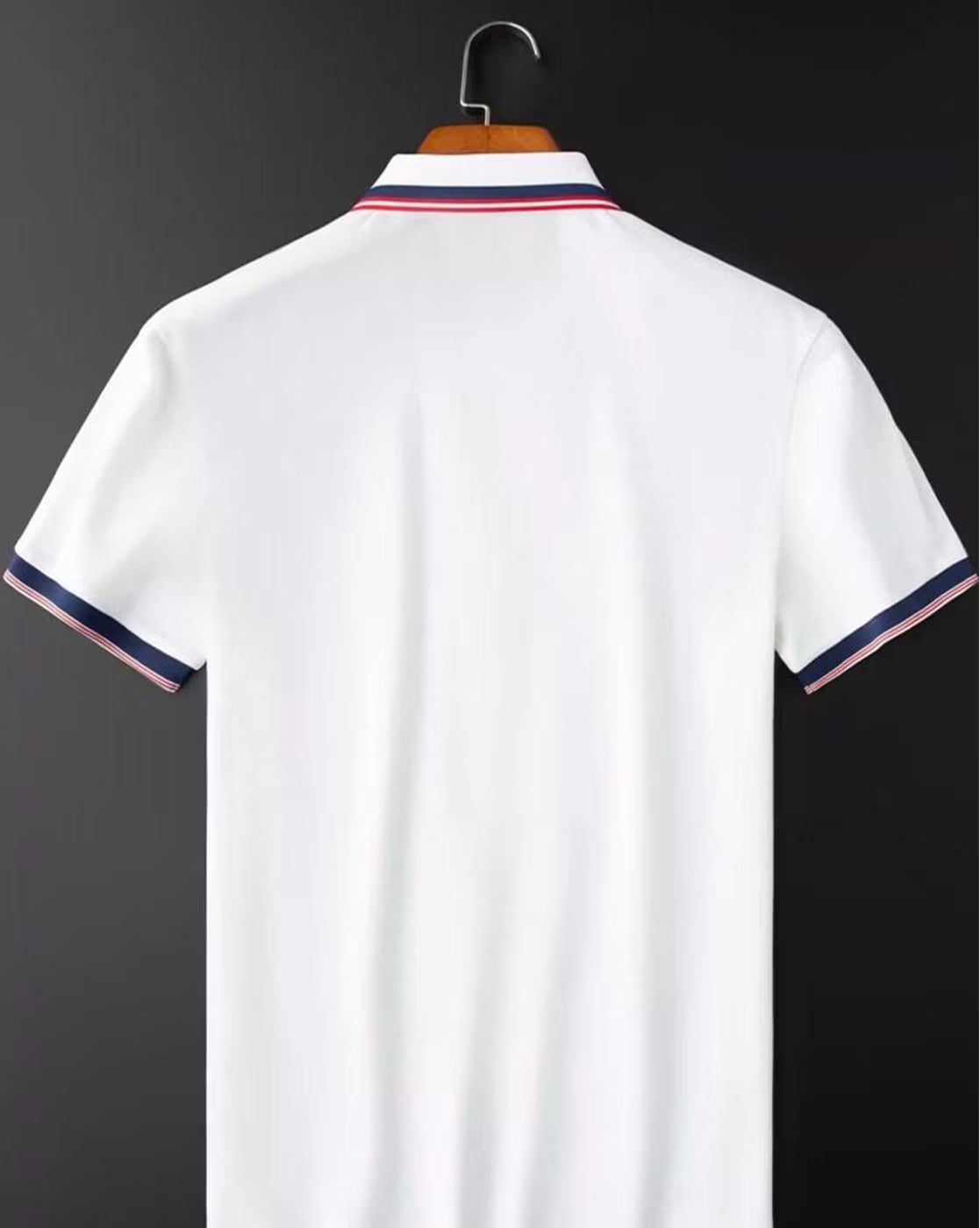 Men’s White Polo T-Shirt with Navy & Red Striped Collar – Classic Cotton Casual Wear
