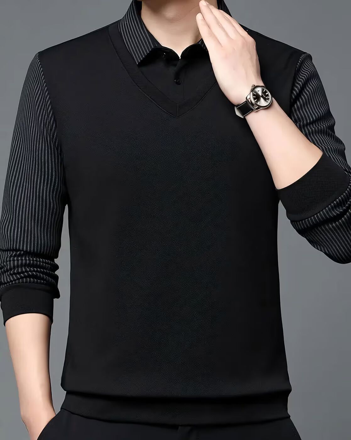 Men’s Stylish V-Neck Layered Black Sweater with Striped Shirt Design