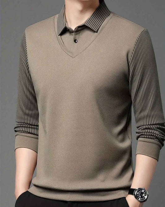 Men’s V-Neck Layered Bronze Sweater with Striped Shirt Design