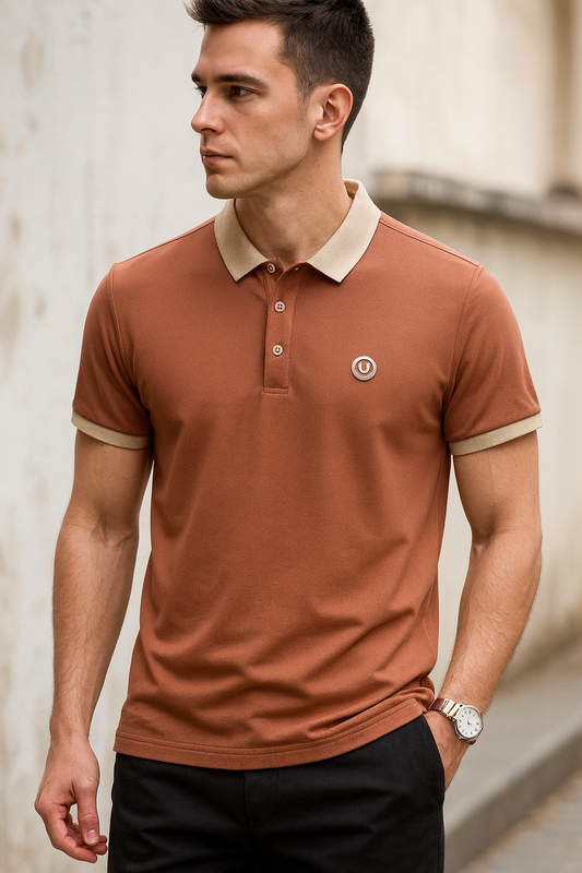 Men’s Rust Orange Polo T-Shirt with Beige Collar – Premium Contrast Design Casual Wear