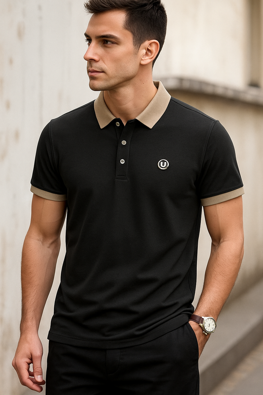 Men’s Black Polo T-Shirt with Beige Collar – Premium Contrast Design Casual Wear
