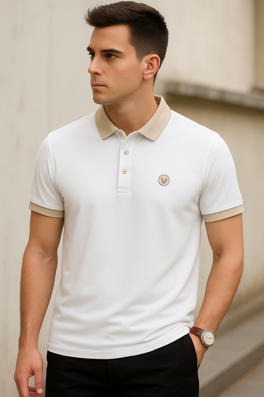 Men’s White Polo T-Shirt with Beige Collar – Premium Cotton Blend Casual Polo