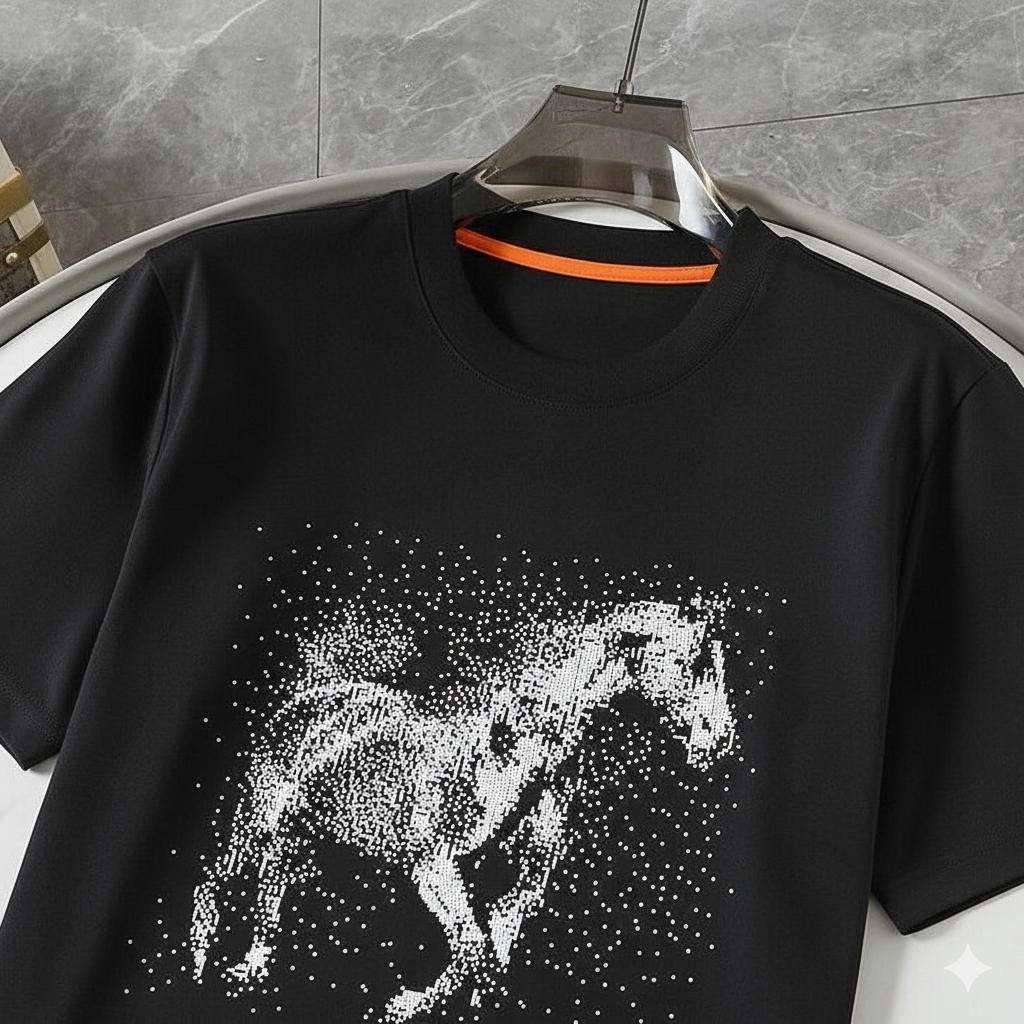 Men's Classic Black T-Shirt with White Horse Artwork.