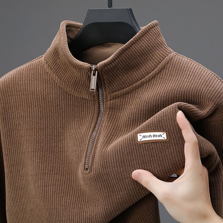 Men’s Solid Brown Zip-Neck Sweatshirt | Smart Casual Wear