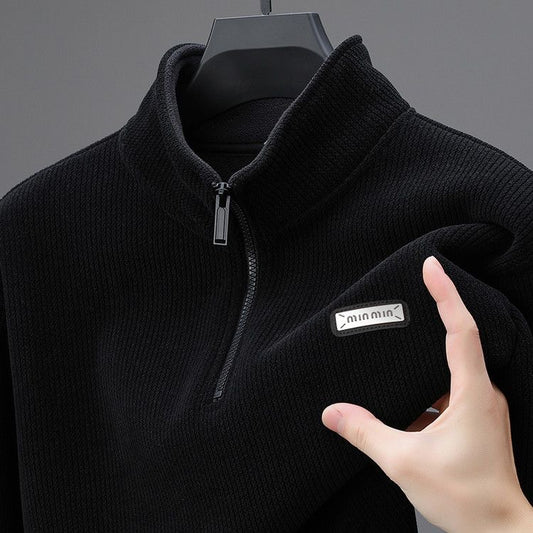 Men’s Solid Black Zip-Neck Sweatshirt | Smart Casual Wear