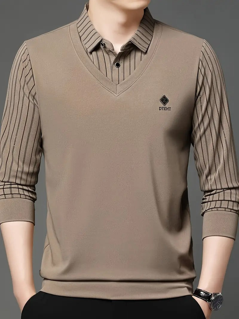 Men’s Premium V-Neck Layered Shirt | Striped Sleeves & Inner Collar Design | Casual & Office Wear