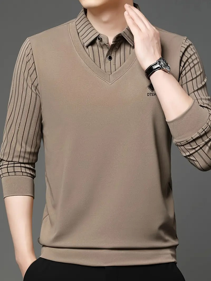 Men’s Premium V-Neck Layered Shirt | Striped Sleeves & Inner Collar Design | Casual & Office Wear