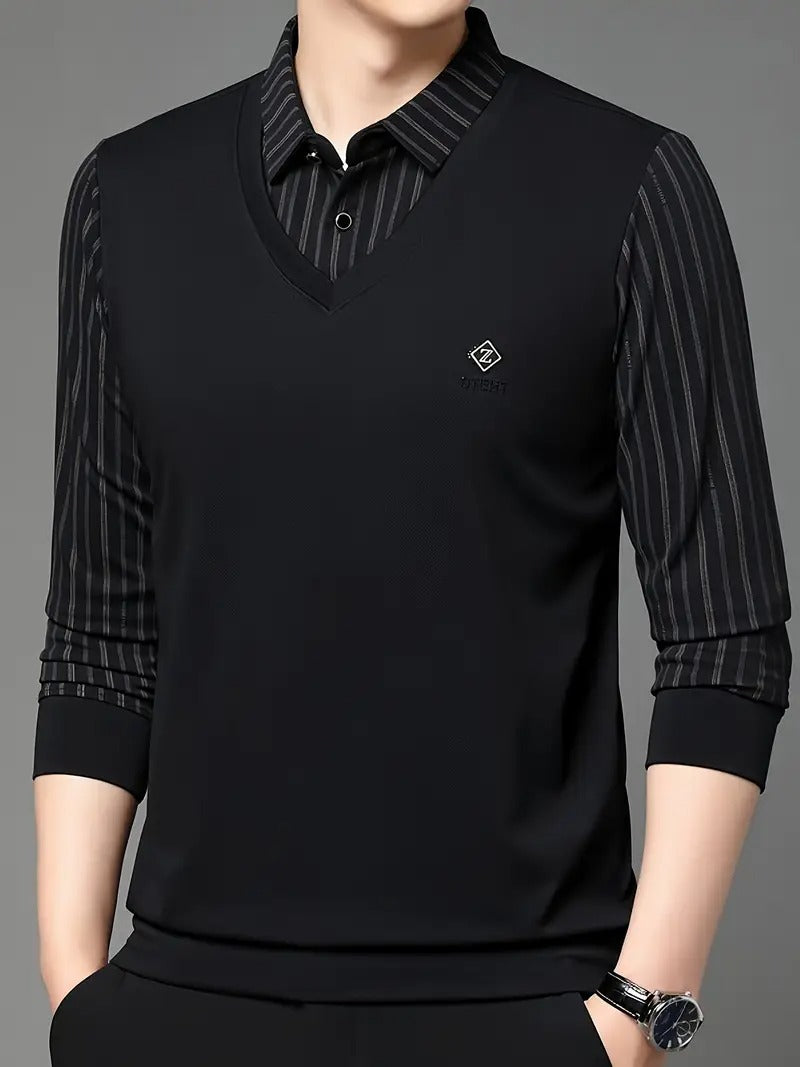 Men’s Premium Black V-Neck Layered Shirt | Striped Sleeve Design | Smart Casual & Office Wear