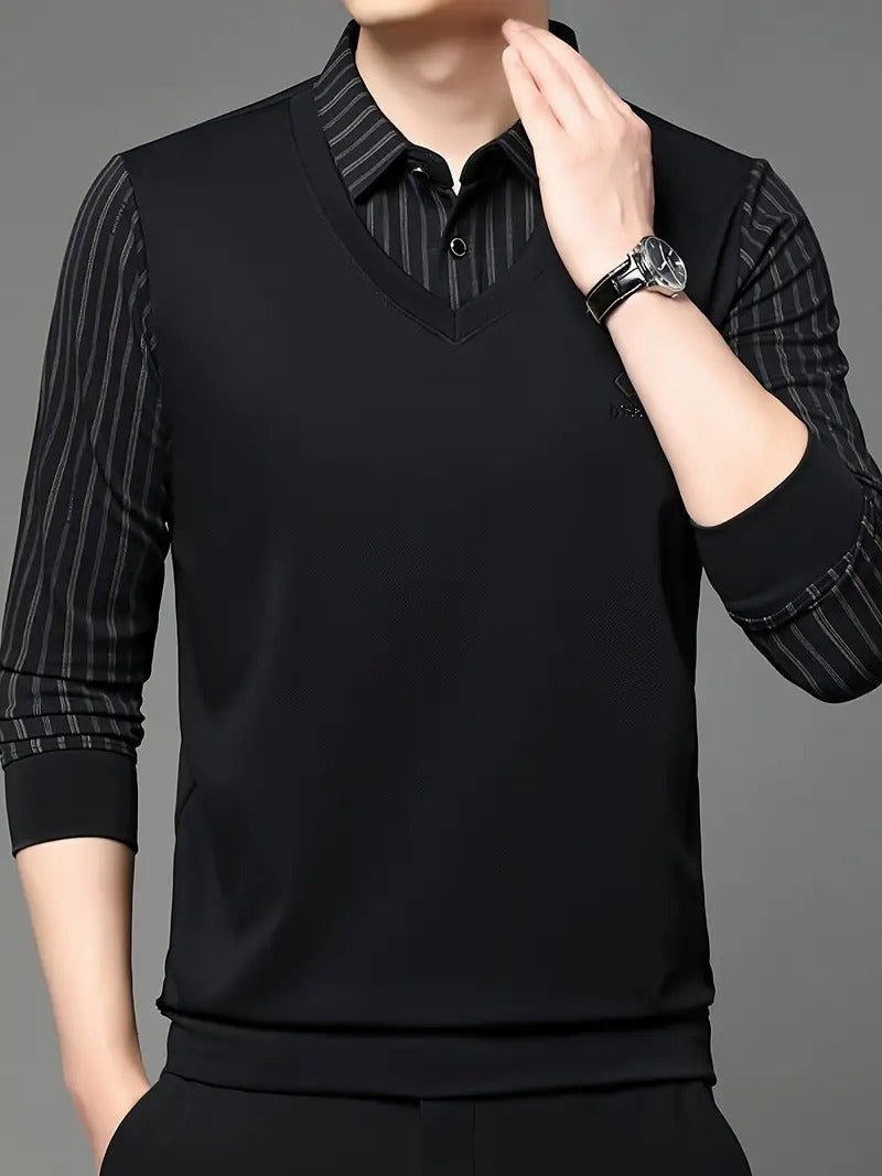 Men’s Premium Black V-Neck Layered Shirt | Striped Sleeve Design | Smart Casual & Office Wear