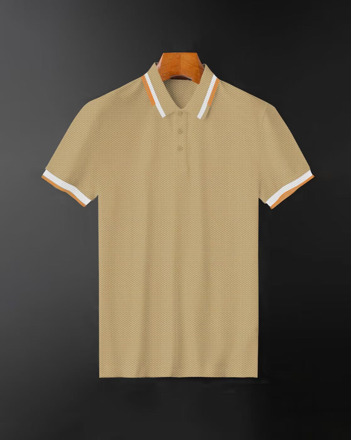Men’s Beige Polo T-Shirt with White & Orange Striped Collar – Premium Casual Cotton Wear