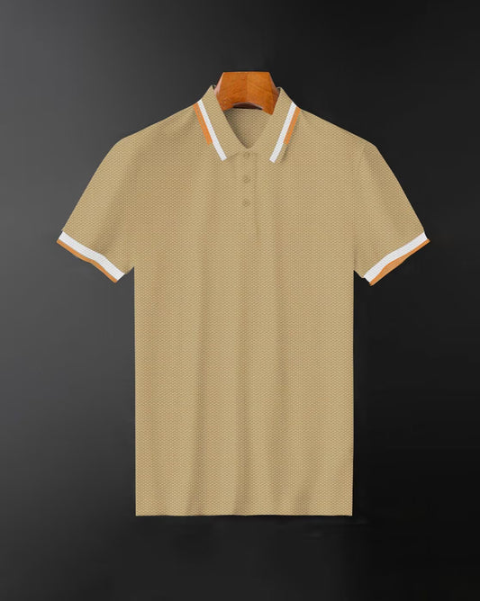 Men’s Beige Polo T-Shirt with White & Orange Striped Collar – Premium Casual Cotton Wear