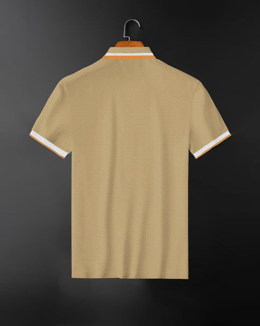 Men’s Beige Polo T-Shirt with White & Orange Striped Collar – Premium Casual Cotton Wear