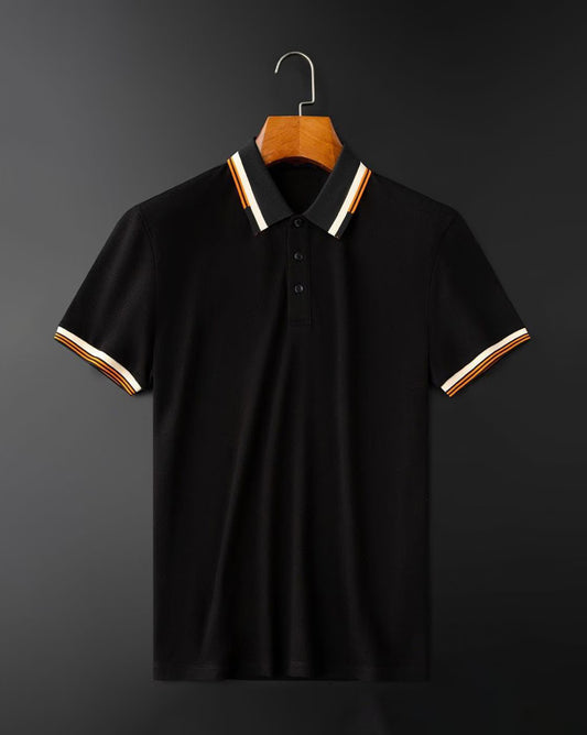 Men’s Classic Black Polo T-Shirt with Contrast Collar & Sleeve Stripes – Premium Cotton Casual Wear