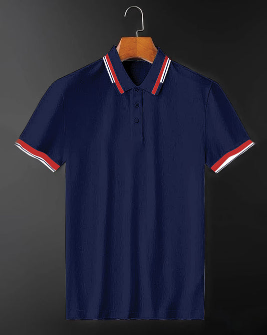 Men’s Navy Blue Polo T-Shirt with Red & White Contrast Stripes – Classic Cotton Casual Wear