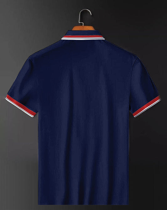 Men’s Navy Blue Polo T-Shirt with Red & White Contrast Stripes – Classic Cotton Casual Wear