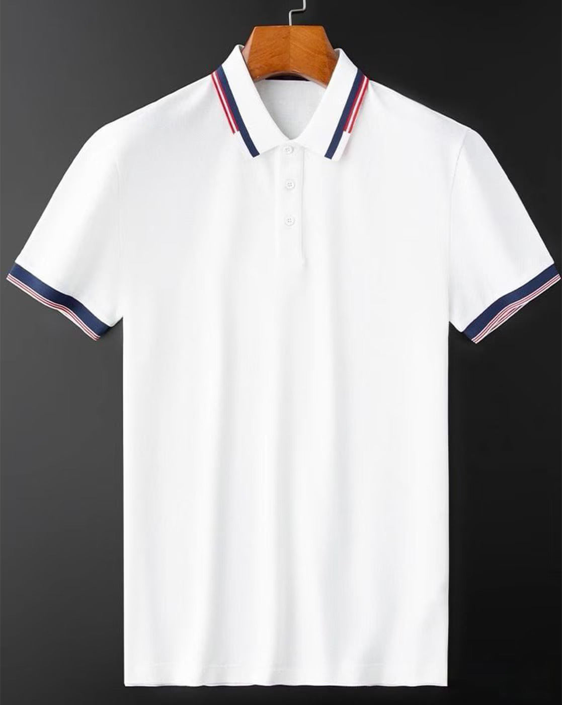 Men’s White Polo T-Shirt with Navy & Red Striped Collar – Classic Cotton Casual Wear