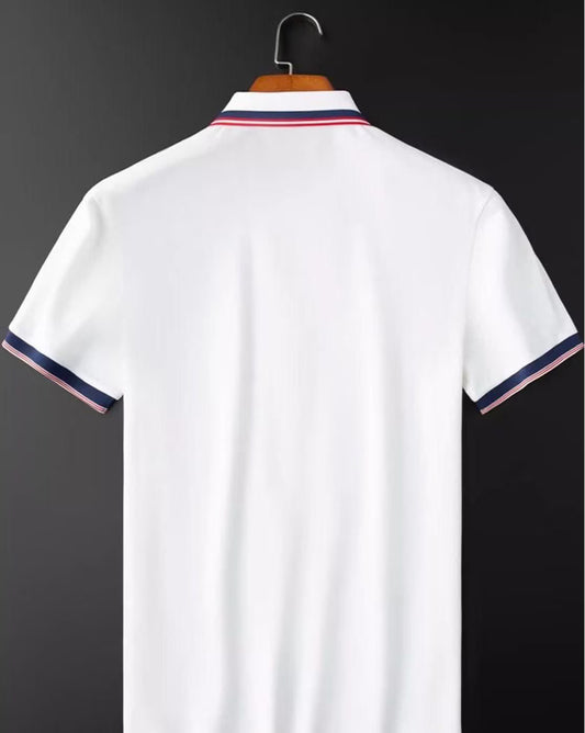 Men’s White Polo T-Shirt with Navy & Red Striped Collar – Classic Cotton Casual Wear