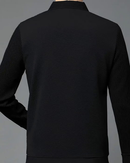 Men’s Stylish V-Neck Layered Black Sweater with Striped Shirt Design