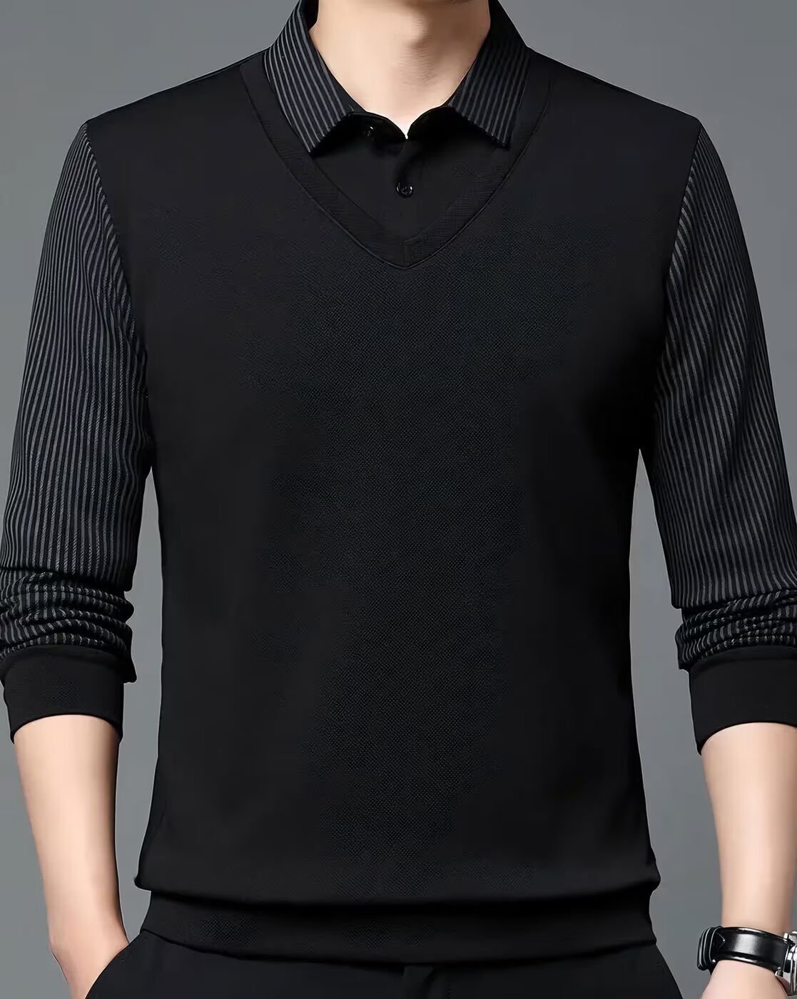 Men’s Stylish V-Neck Layered Black Sweater with Striped Shirt Design