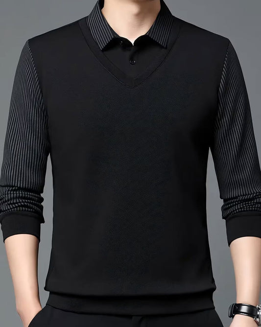 Men’s Stylish V-Neck Layered Black Sweater with Striped Shirt Design