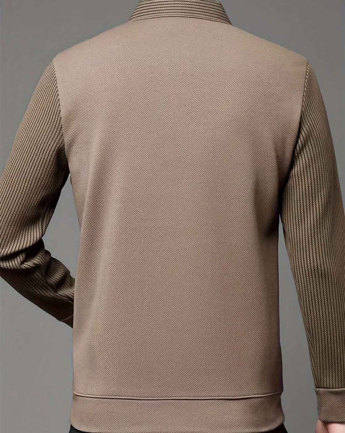 Men’s V-Neck Layered Bronze Sweater with Striped Shirt Design