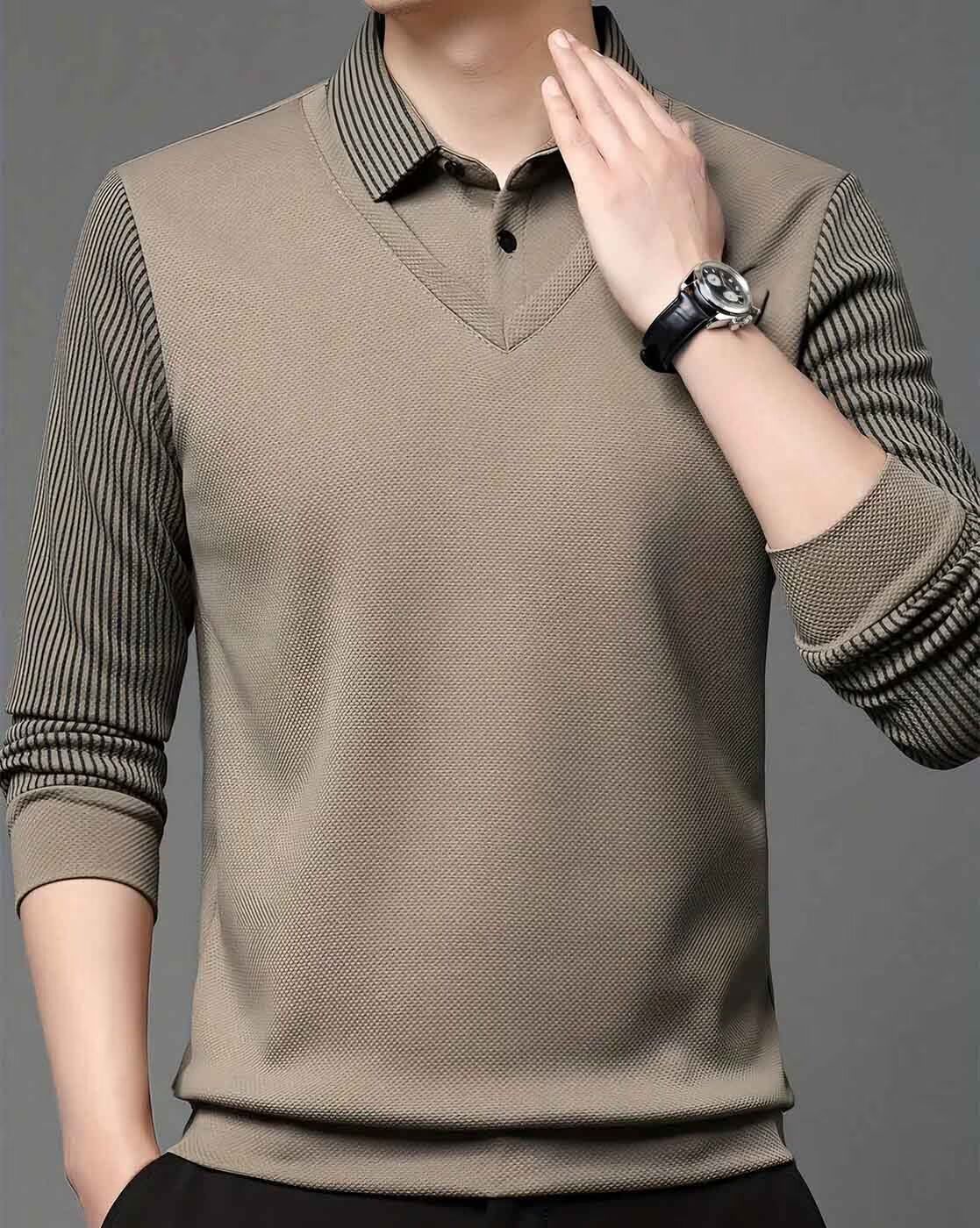 Men’s V-Neck Layered Bronze Sweater with Striped Shirt Design