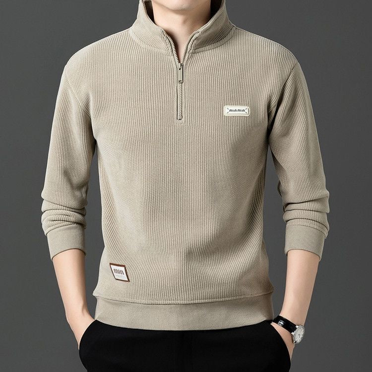 Men’s Solid Beige Zip-Neck Sweatshirt | Smart Casual Wear
