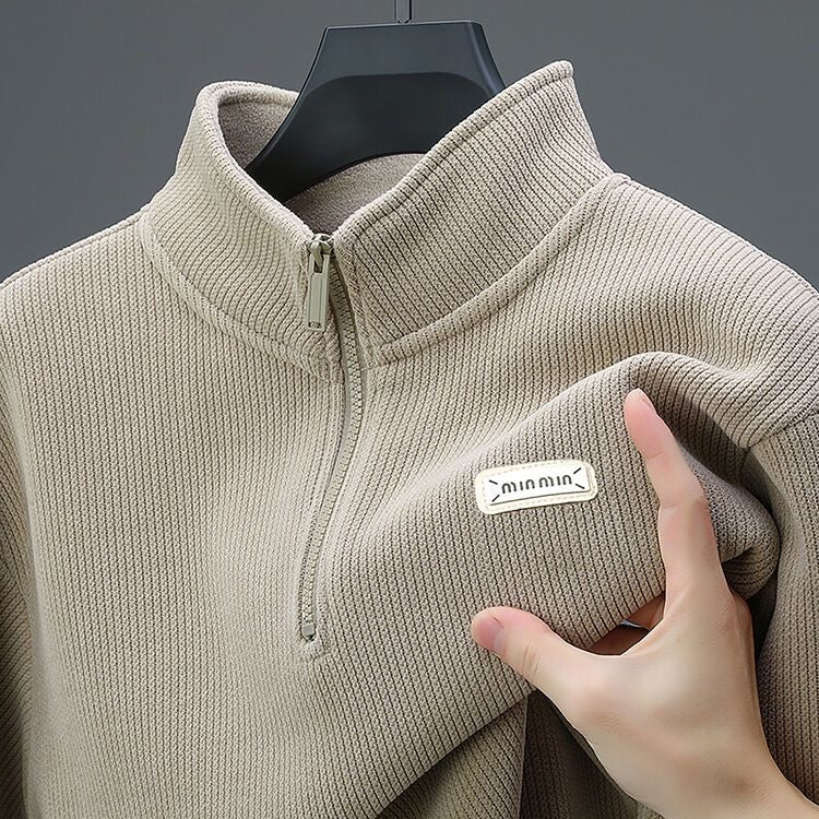 Men’s Solid Beige Zip-Neck Sweatshirt | Smart Casual Wear
