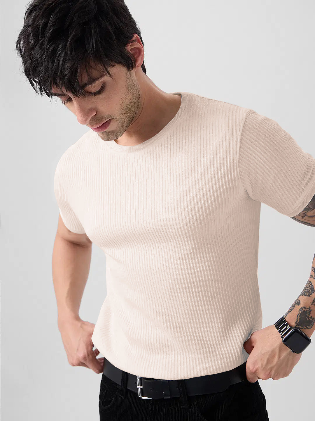 Men's Round Neck Beige Color T-Shirt