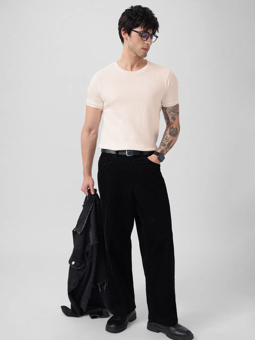 Men's Round Neck Beige Color T-Shirt