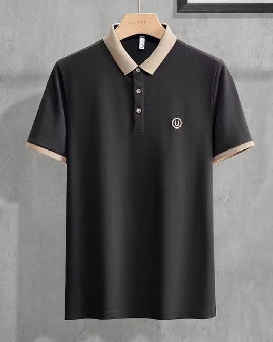 Men’s Black Polo T-Shirt with Beige Collar – Premium Contrast Design Casual Wear