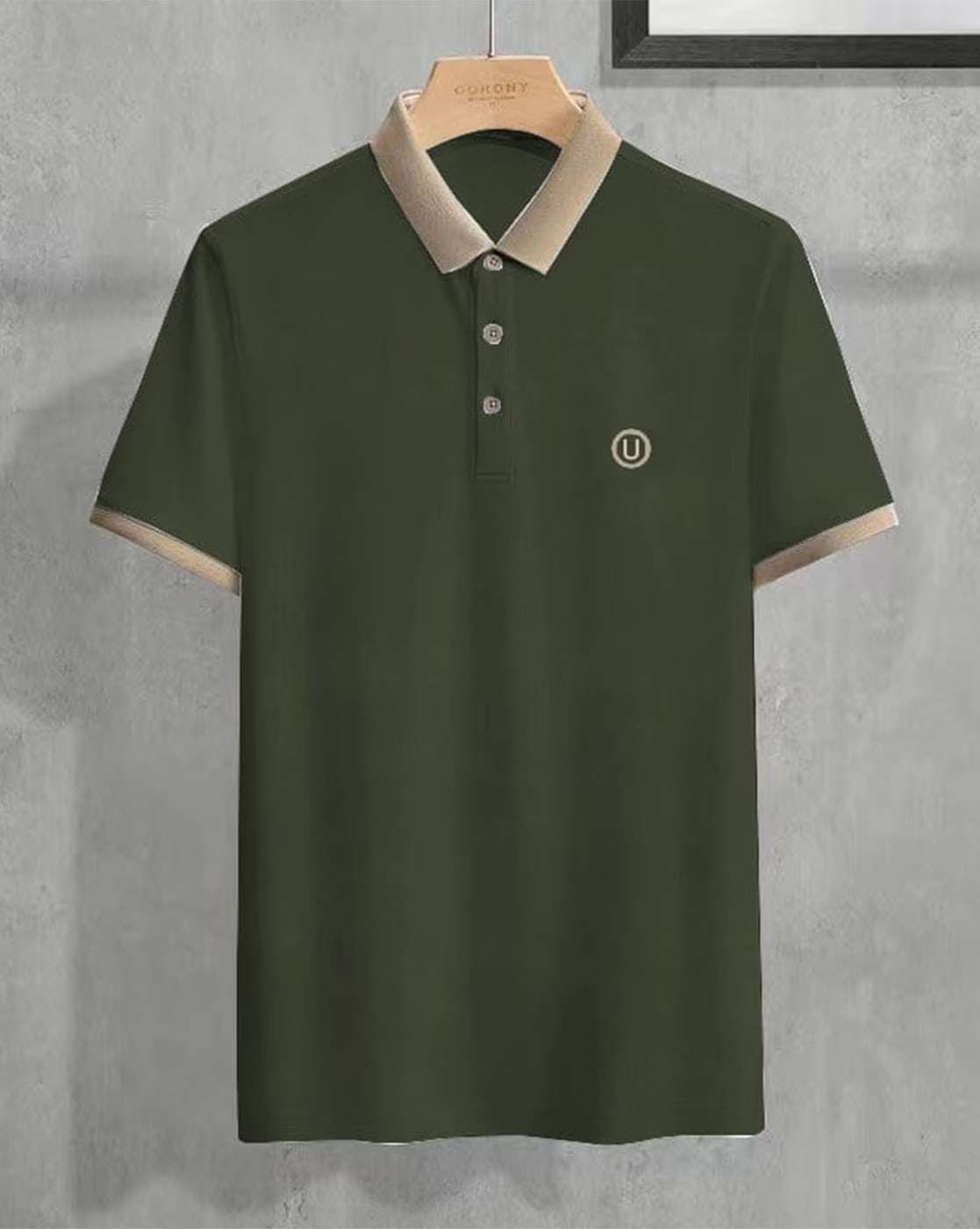 Men’s Olive Green Polo T-Shirt with Beige Collar – Premium Contrast Design Casual Wear