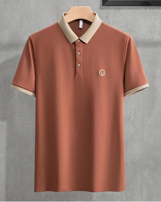 Men’s Rust Orange Polo T-Shirt with Beige Collar – Premium Contrast Design Casual Wear
