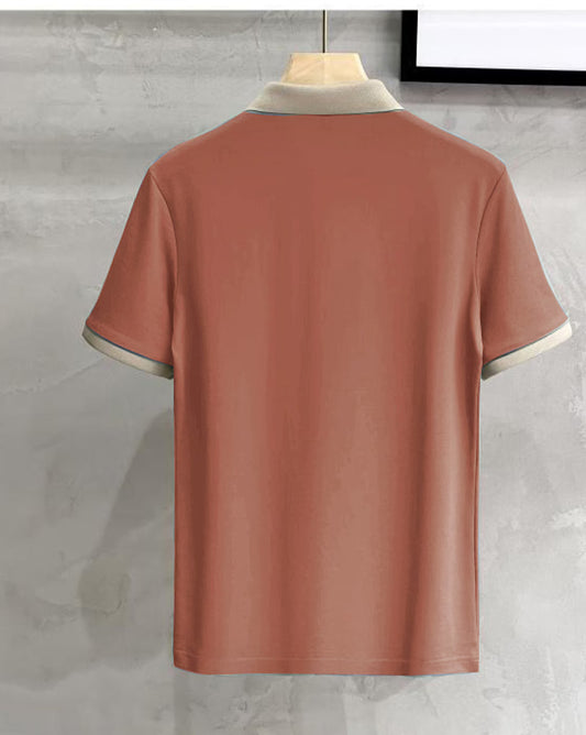 Men’s Rust Orange Polo T-Shirt with Beige Collar – Premium Contrast Design Casual Wear