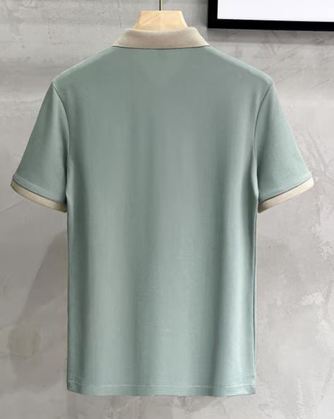 Men’s Pista Green Polo T-Shirt with Beige Collar – Premium Contrast Design Casual Wear