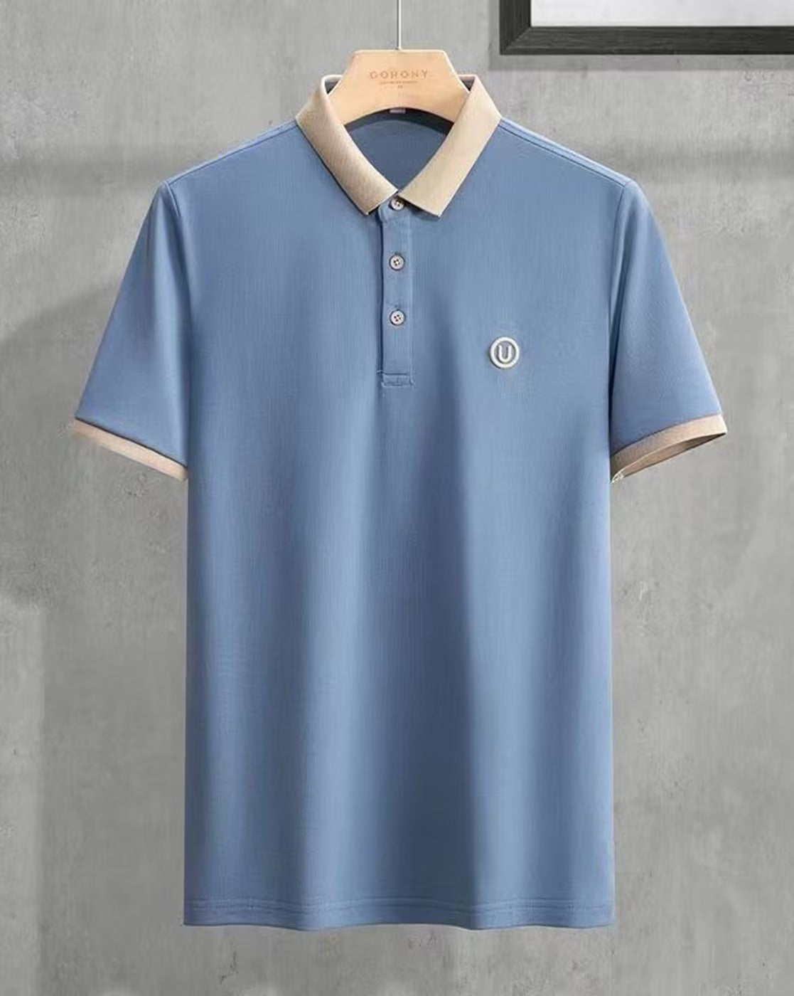 Men’s Sky Blue Polo T-Shirt with Beige Collar – Premium Cotton Blend Casual Wear