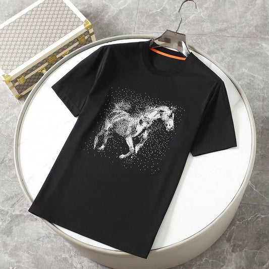 Men's Classic Black T-Shirt with White Horse Artwork.