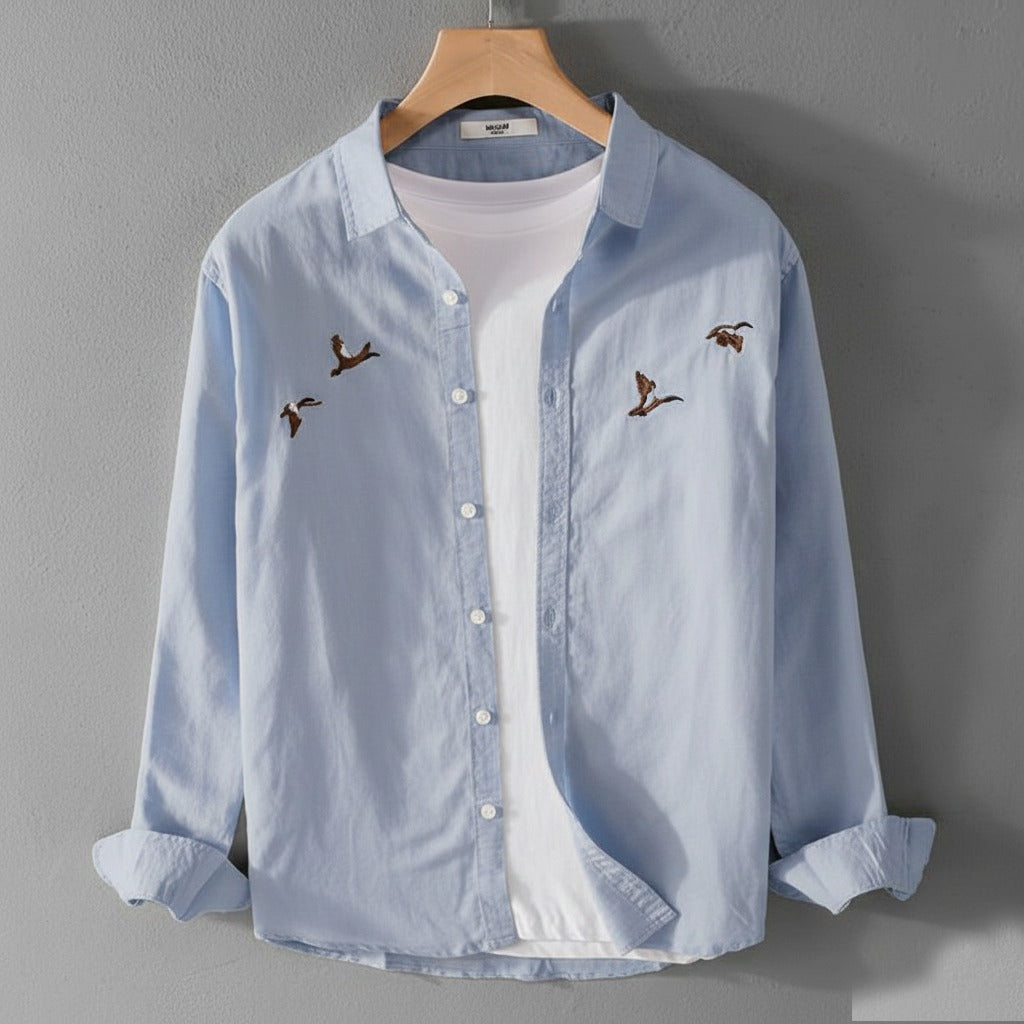 Men’s Light Ice Blue Cotton Shirt with Premium Bird Embroidery – Soft & Stylish Casual Wear