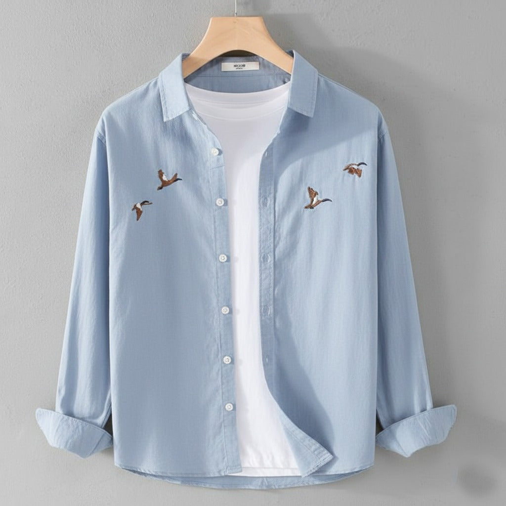 Men’s Soft Light Blue Cotton Shirt with Premium Bird Embroidery – Soft & Stylish Casual Wear