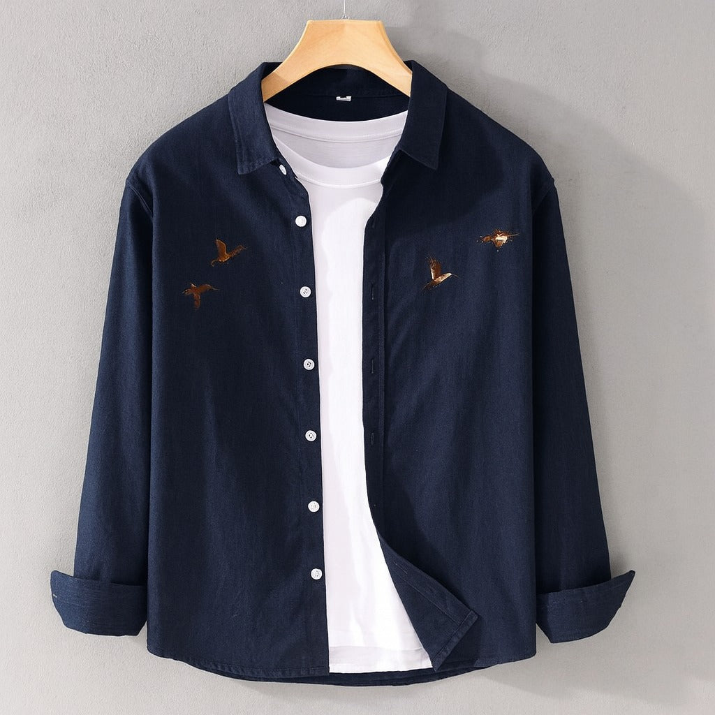 Men’s Nevy Blue Cotton Shirt with Premium Bird Embroidery – Soft & Stylish Casual Wear
